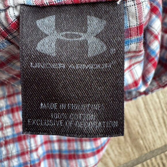 Under Armour Mens‎ XL Plaid Button Up Short Sleeve Shirt Cotton Blend Red Blue - Picture 3 of 7